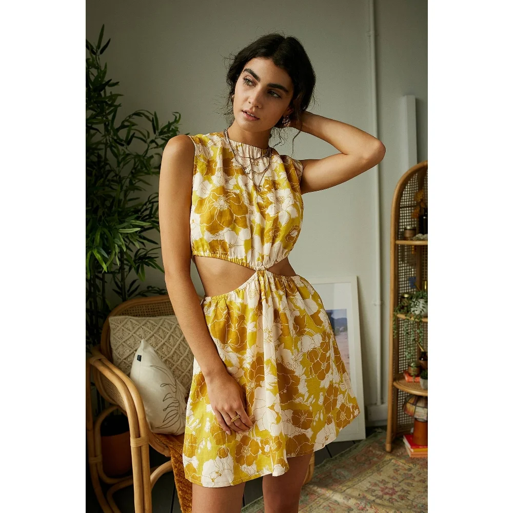 Faithfull The Brand | La Pienta Linen Cut Out Mini Dress Potenza Floral Nwot